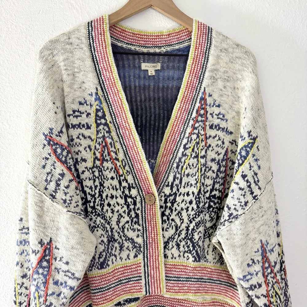 Anthropologie Pilcro Embroidered Cropped Cardigan Sweater Stripe Trim Size XL - Picture 6 of 10